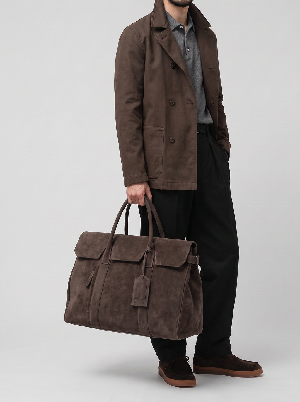 BOSTONIAN 001 - Borsa Weekender in Pelle Scamosciata Marrone - image 2,side view